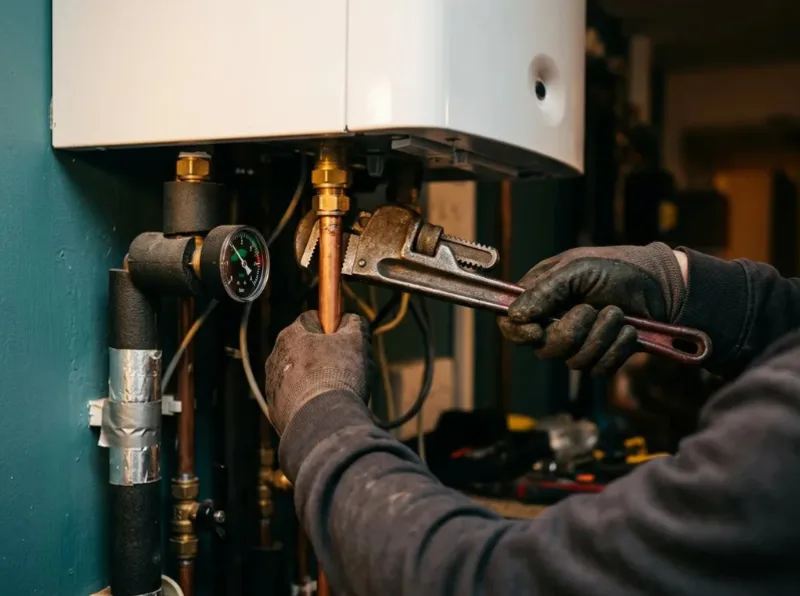 Plumber in Malta installing insulated multilayer water pipework and brass manifold valves